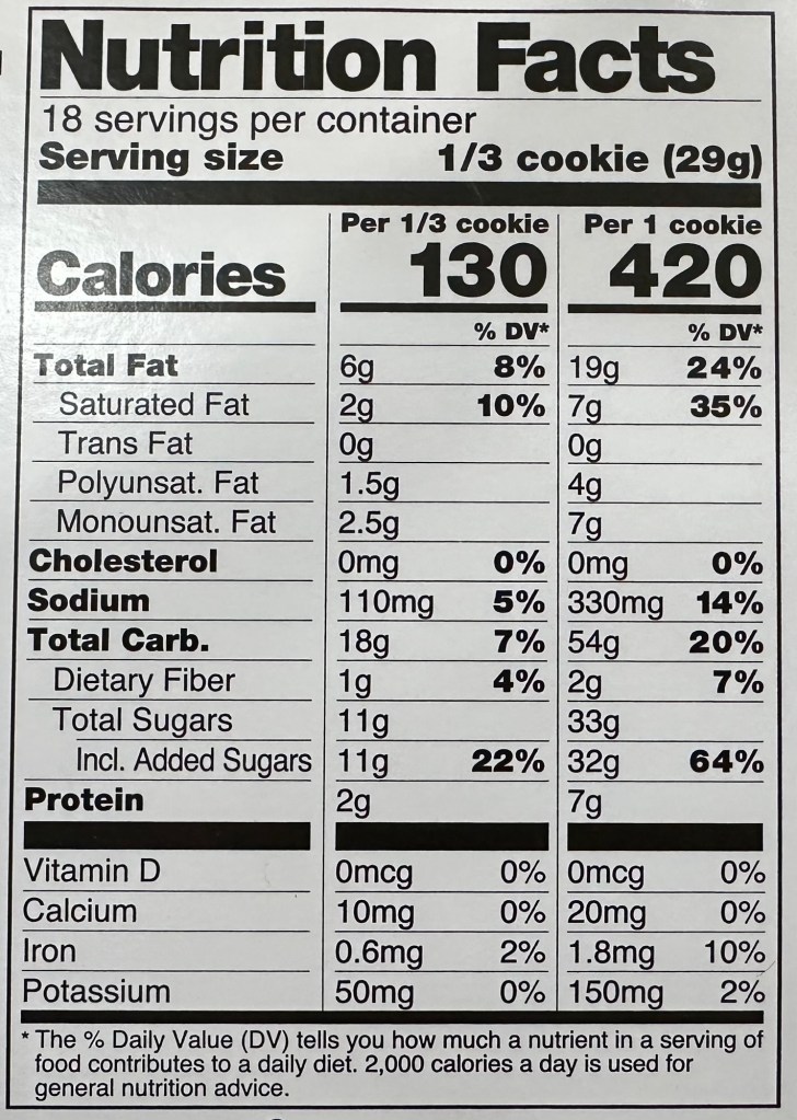 Nutrition Facts label showing 130 calories per one-third of a cookie, 420 calories per full cookie.