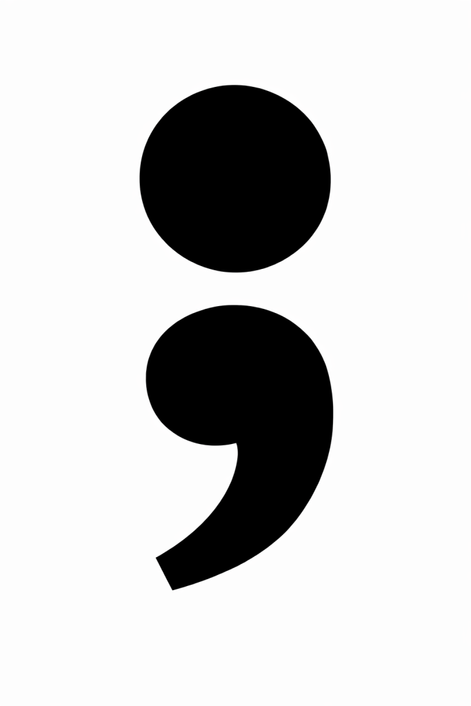 A large black semicolon centered on a white background.